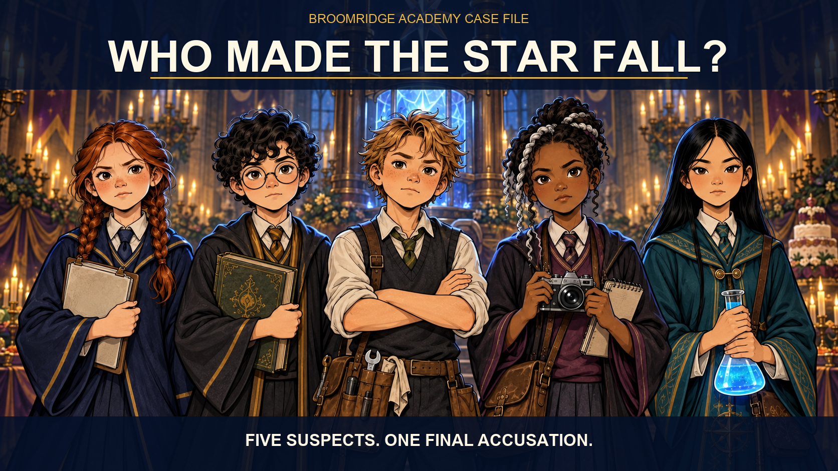 Fallen Star investigation poster showing five fictional Broomridge Academy suspects beneath the question Who made the star fall?
